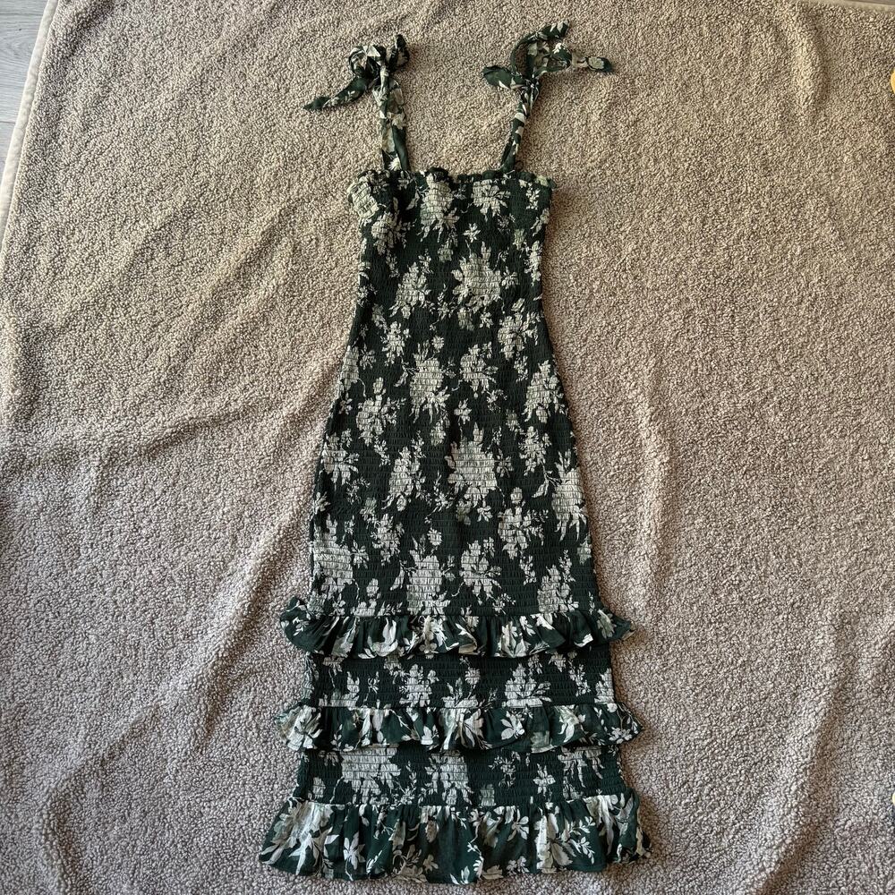 Abercrombie & Fitch Tie-Strap Smocked Midi Dress Green Floral Print Size XS